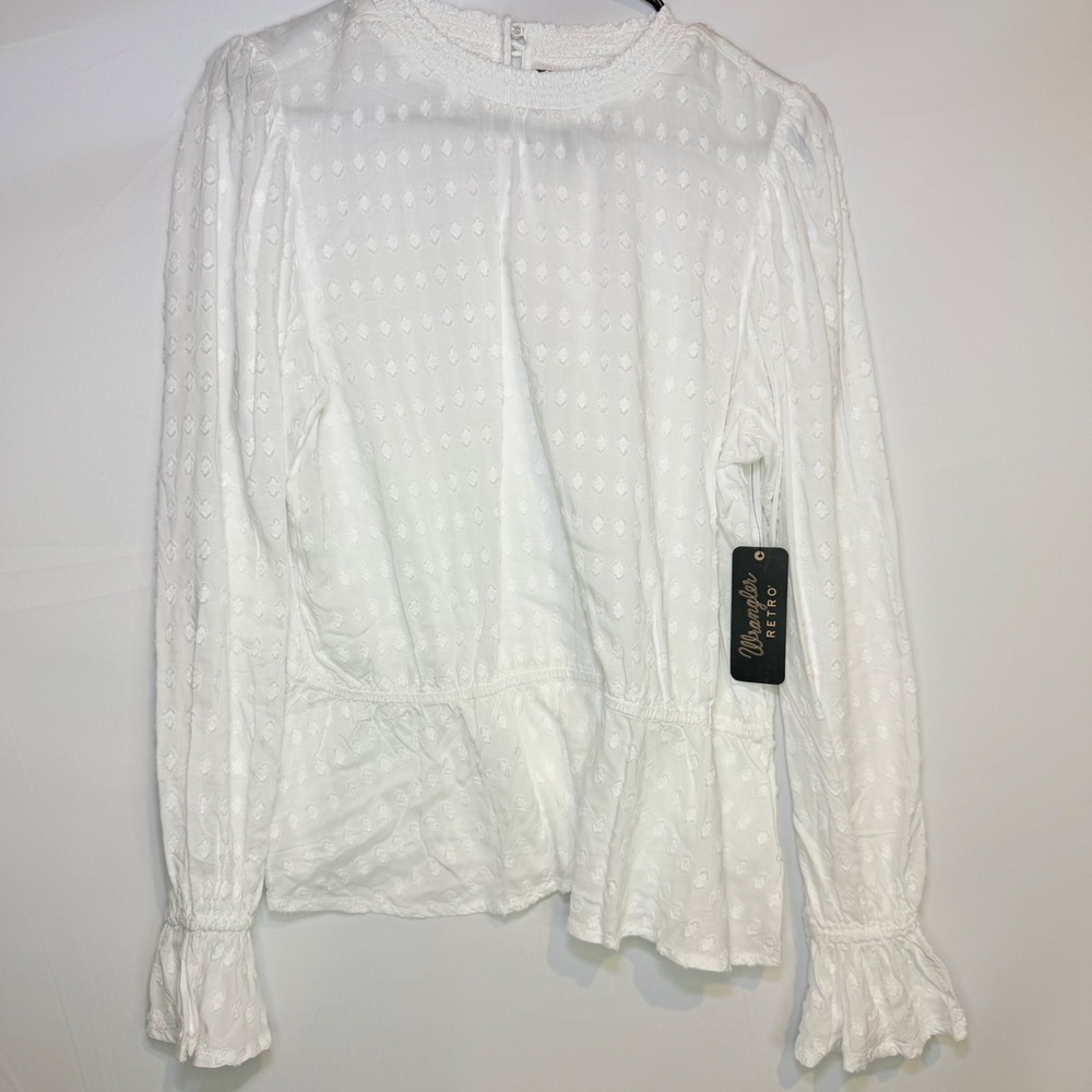 Wrangler Retro Womens White Swiss Dot Smocked Peplum Blouse LW4018W Medium
